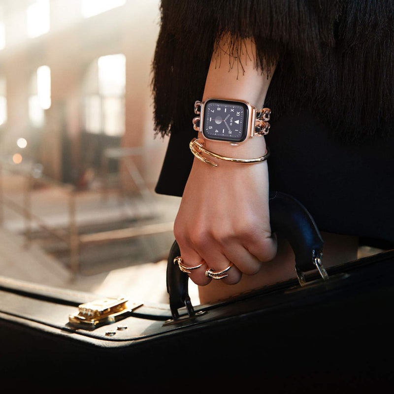NewWays for Apple Watch Band Series 10 42mm 41mm 40mm 38mm Series9 8 7 SE 6 5 4 3, Jewelry Bracelet for iWatch Band for Women, Rose Gold Link with Black Leather - Image 5